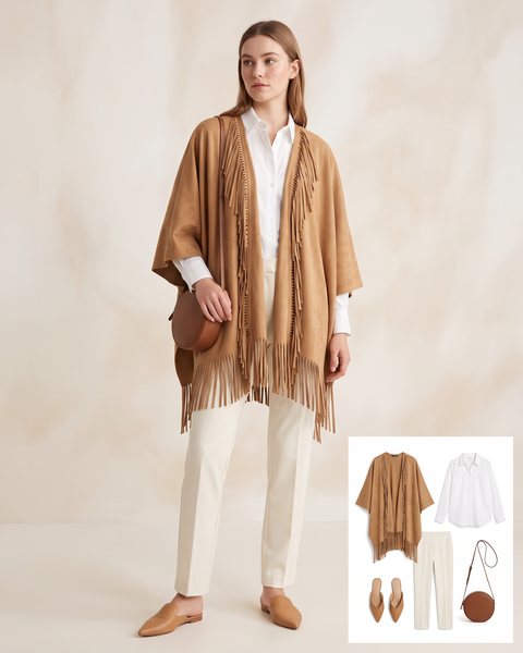 Camel fringed suede-look open-front poncho cape over a white shirt and ivory trousers with tan mules and a brown crossbody bag