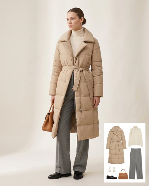Woman wearing a beige belted quilted long puffer coat with a cream turtleneck, grey wide-leg trousers, black loafers and a tan top-handle bag