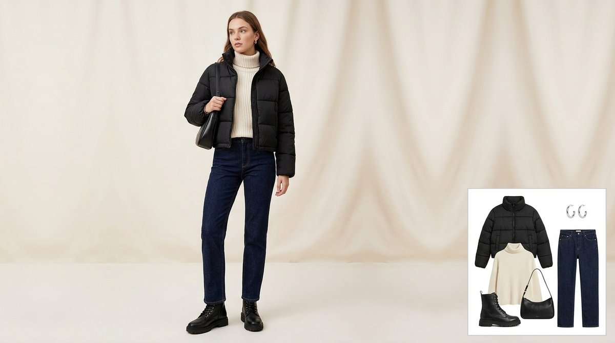 Woman wearing a cropped black puffer jacket over a cream ribbed turtleneck with dark indigo straight-leg jeans, chunky black lace-up boots and a black leather shoulder bag