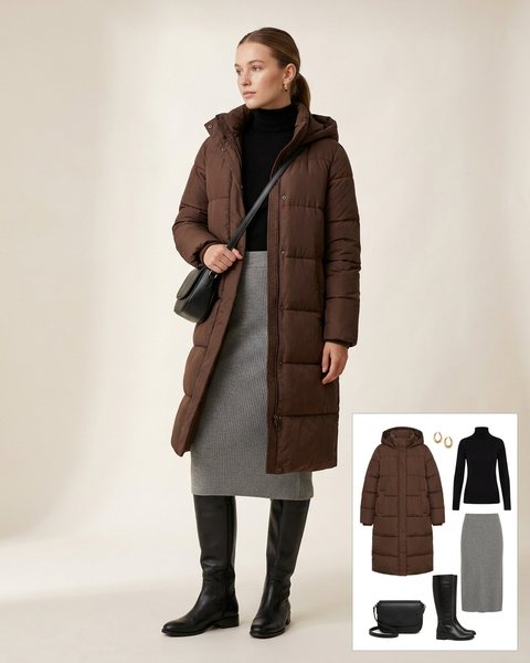 Woman wearing a long chocolate brown hooded puffer coat with a black turtleneck, a grey knit midi skirt, tall black boots and a black crossbody bag