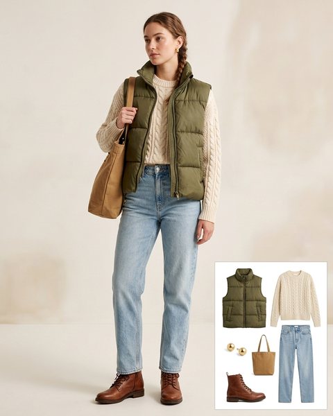 Woman wearing an olive green puffer vest over a cream cable-knit sweater with light-wash jeans, brown lace-up boots and a tan tote bag