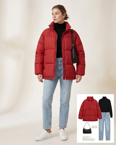 Woman wearing an oversized red puffer jacket with a black turtleneck, light-wash straight jeans, white sneakers and a black shoulder bag