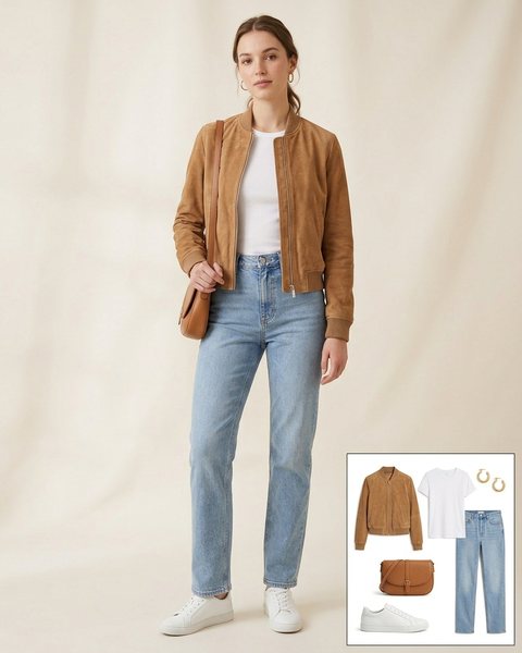 Woman wearing a camel suede bomber jacket with a white tee, light-wash straight jeans, white sneakers and a tan crossbody bag