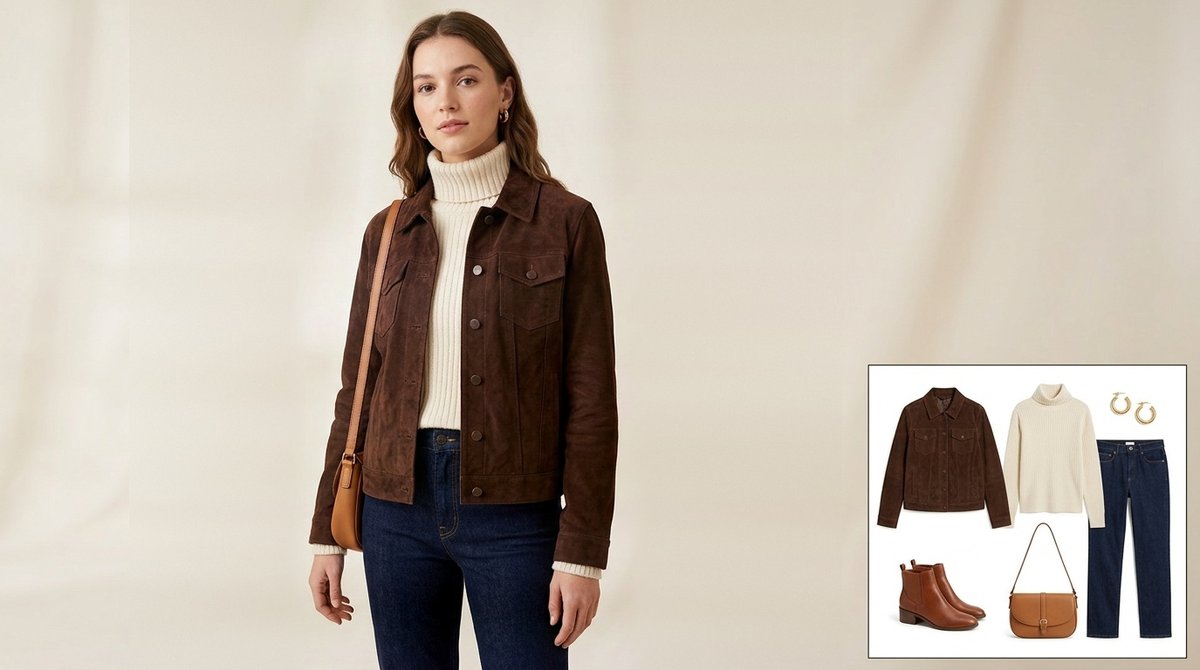 Woman wearing a chocolate brown suede trucker jacket with flap pockets over a cream ribbed turtleneck and dark indigo jeans with a tan leather crossbody bag