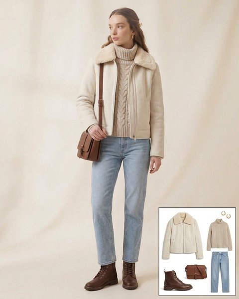 Woman wearing an ivory suede jacket with a faux-shearling collar, an oatmeal cable-knit sweater, light jeans and brown lace-up boots