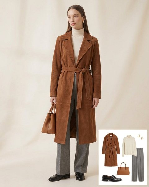 Woman wearing a long cognac suede coat with a belt, a cream turtleneck, grey wide-leg trousers, black loafers and a tan top-handle bag