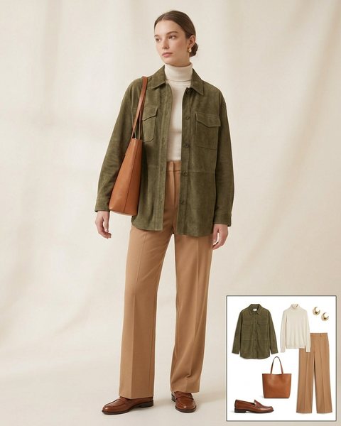 Woman wearing an olive suede shirt jacket with a cream turtleneck, camel wide-leg trousers, brown loafers and a tan tote bag