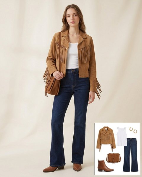 Woman wearing a tan suede fringe jacket with a white ribbed tank, dark flared jeans, pointed brown boots and a brown suede bag