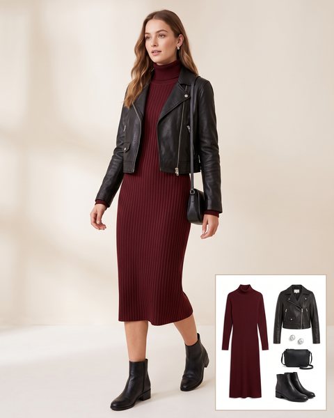 Woman wearing a burgundy ribbed turtleneck midi sweater dress with a cropped black leather biker jacket, black ankle boots and a black crossbody bag