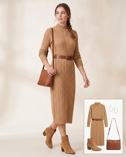Woman wearing a camel cable-knit mock-neck midi sweater dress with a brown leather belt, tan suede ankle boots and a brown leather shoulder bag