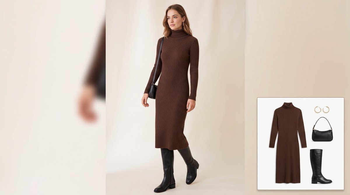 Woman wearing a chocolate brown ribbed turtleneck midi sweater dress with black leather knee-high boots, a black shoulder bag and gold hoop earrings