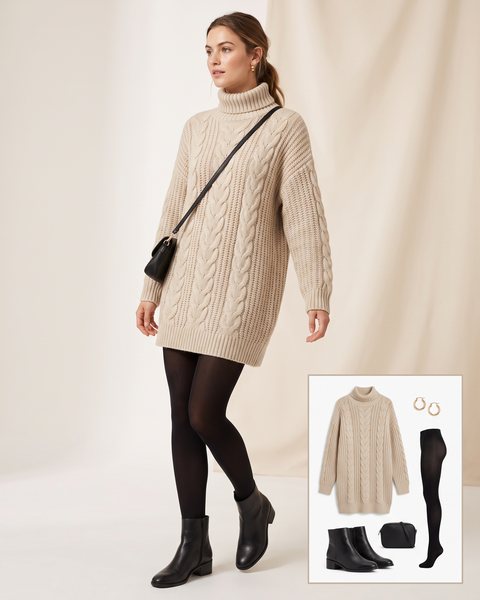Woman wearing an oatmeal chunky cable-knit turtleneck mini sweater dress with opaque black tights, black ankle boots and a black crossbody bag