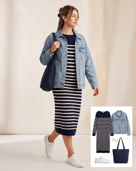 Woman wearing a navy and cream striped knit midi dress with an oversized light-wash denim jacket, white sneakers and a navy canvas tote bag