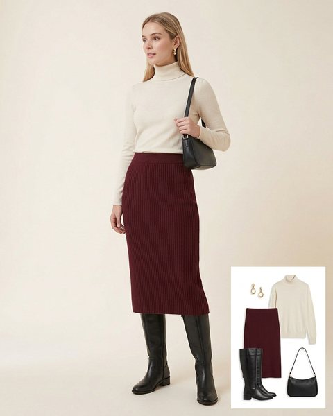 Woman wearing a burgundy ribbed knit midi skirt with a cream turtleneck, black knee-high boots and a black leather shoulder bag