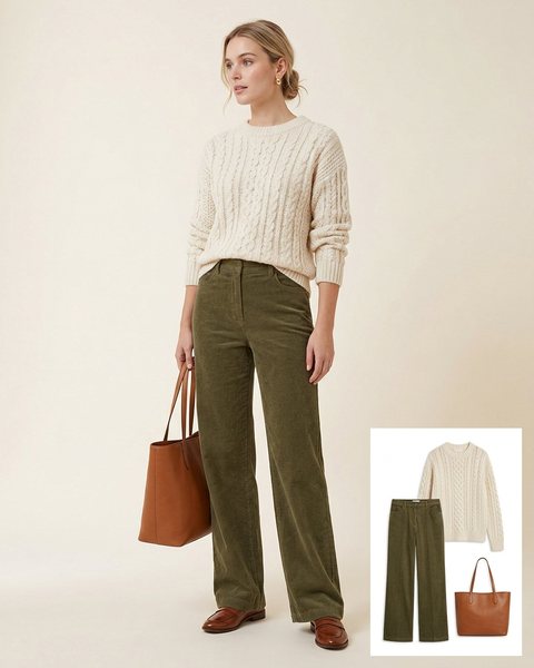 Woman wearing a chunky cream cable-knit sweater with olive green corduroy wide-leg trousers, brown leather loafers and a tan leather tote bag