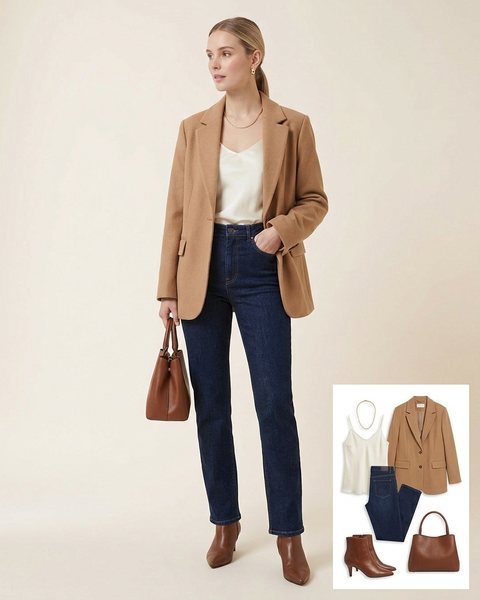 Woman wearing an oversized camel blazer over an ivory satin camisole with dark straight jeans, brown pointed ankle boots and a brown top-handle bag