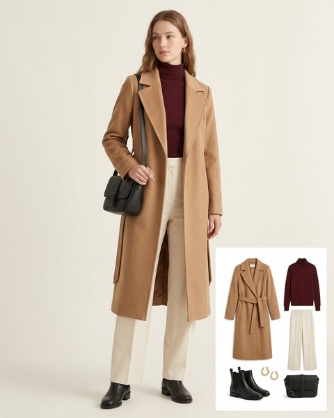 Woman wearing a long camel wool wrap coat over a burgundy turtleneck with cream wide-leg trousers, black Chelsea boots and a black crossbody bag