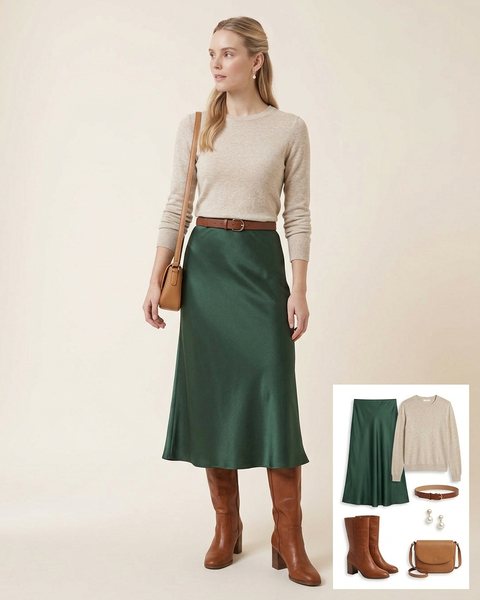 Woman wearing a forest green satin midi skirt with an oatmeal knit sweater, a brown belt, cognac knee-high boots and a tan crossbody bag