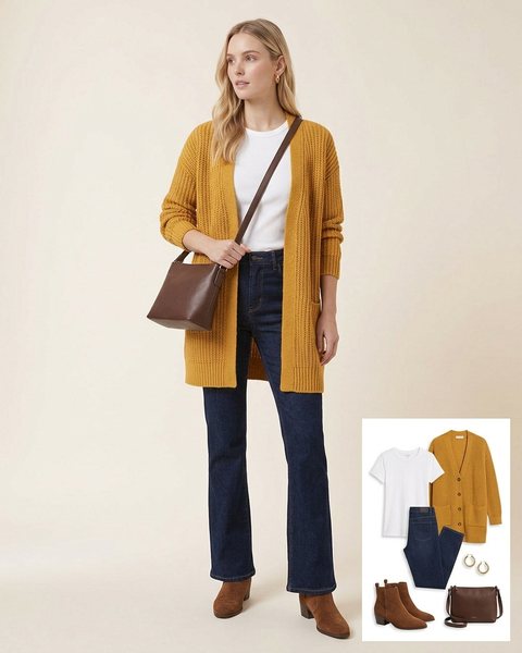 Woman wearing a long mustard yellow chunky cardigan over a white tee with dark-wash flare jeans, brown suede ankle boots and a brown crossbody bag