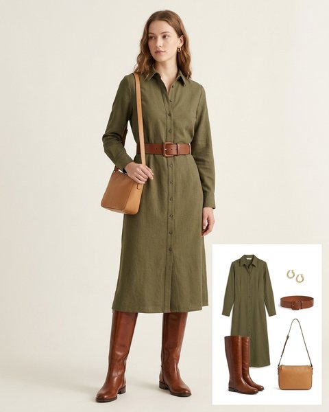 Woman wearing an olive green midi shirt dress with a wide brown leather belt, tall brown boots and a tan crossbody bag