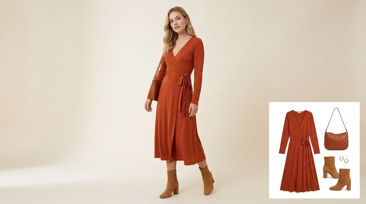 Woman wearing a rust orange wrap midi dress with tan suede block-heel ankle boots, a cognac leather shoulder bag and gold hoop earrings for Thanksgiving