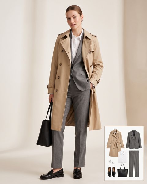 Woman wearing a beige trench coat over a grey tailored suit with a white shirt, black loafers and a black leather tote bag