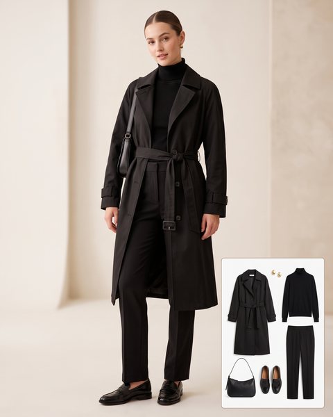 Woman wearing a black belted trench coat with a black turtleneck, black straight-leg trousers, black penny loafers and a black shoulder bag