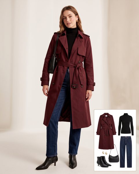 Woman wearing a burgundy belted trench coat with a black ribbed turtleneck, dark straight jeans, black kitten-heel ankle boots and a black shoulder bag