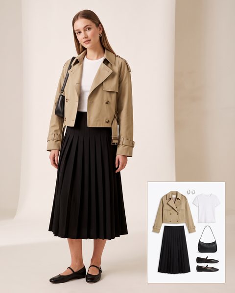 Woman wearing a cropped khaki trench jacket with a white tee, a black pleated midi skirt, black Mary Jane flats and a black shoulder bag