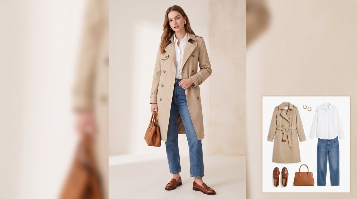 Woman wearing a classic stone beige double-breasted trench coat over a white shirt with mid-wash straight-leg jeans, brown leather loafers, a tan top-handle bag and gold hoop earrings