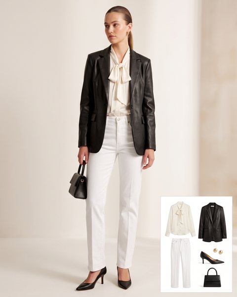 Woman wearing white creased straight-leg jeans with an ivory silk bow blouse, a black leather blazer, black pointed pumps, a black top-handle bag and gold stud earrings