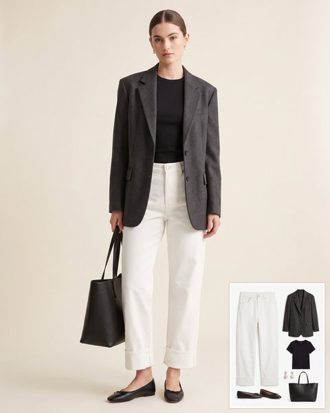 Woman wearing cuffed white boyfriend jeans with an oversized charcoal blazer, a black tee, black ballet flats, a black leather tote and pearl earrings