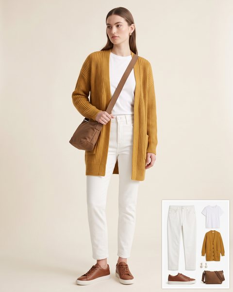 Woman wearing slim ankle white jeans with a white tee, a longline mustard chunky-knit cardigan, brown leather sneakers, a brown canvas crossbody bag and pearl earrings
