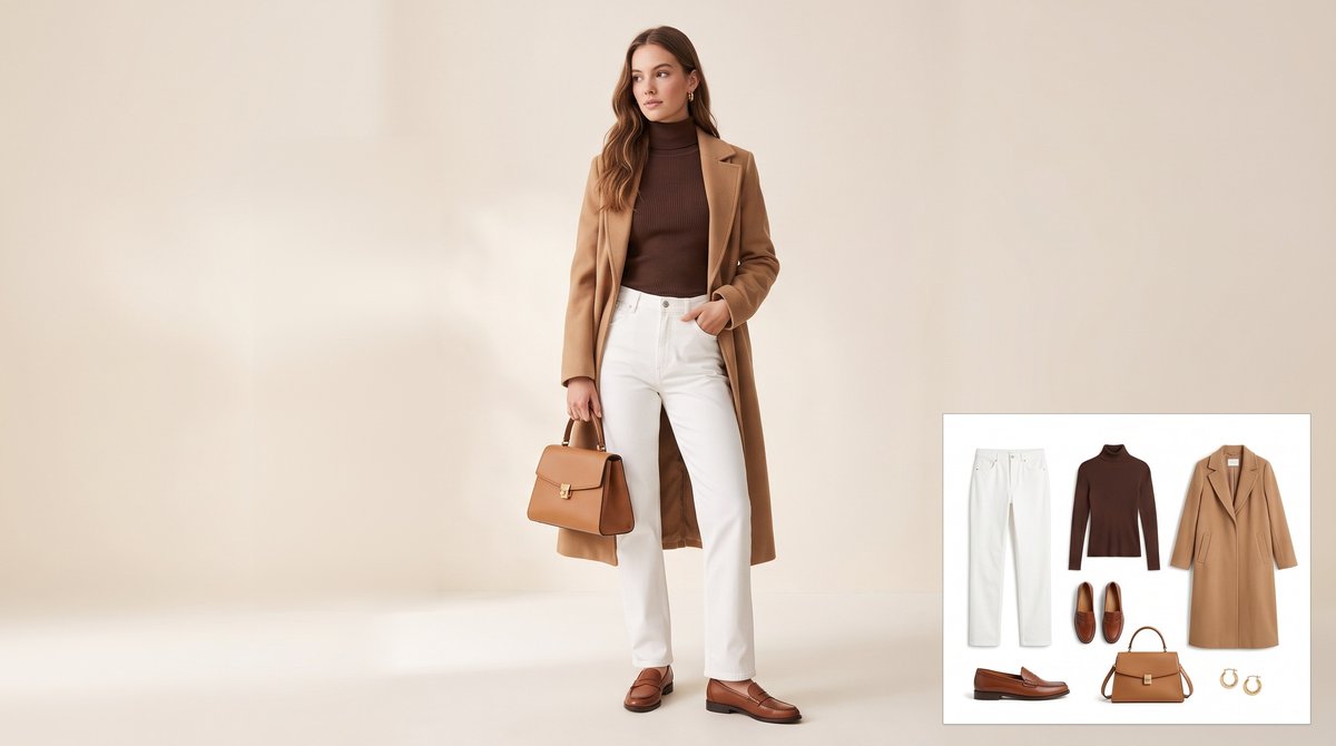 Woman wearing high-rise white straight-leg jeans with a chocolate brown ribbed turtleneck, a long camel wool coat, brown leather penny loafers, a tan top-handle bag and gold hoop earrings