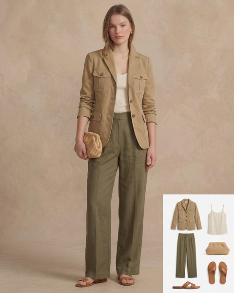 Haki blazer ceket, krem keten askılı üst, yeşil bol paça keten pantolon, kahverengi düz sandalet ve hasır örgü clutch çanta ile hazırlanmış şık kombin