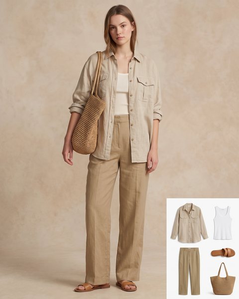 Kum rengi oversize keten gömlek, beyaz tank top, haki bol paça keten pantolon, kahverengi sandalet ve hasır örgü tote çanta ile hazırlanmış kombin