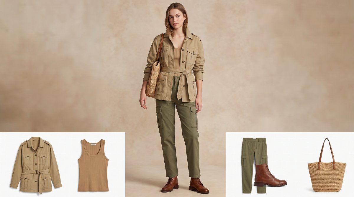 Kemerli haki safari ceket, ribana tank top, yeşil kargo pantolon, kahverengi bağcıklı bot ve hasır örgü tote çanta ile hazırlanmış haki kombin