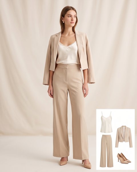 Yakası inci detaylı fildişi saten camisole, bej bol paça pantolon, kısa bej blazer ceket ve ten rengi topuklu ayakkabı ile hazırlanmış kombin