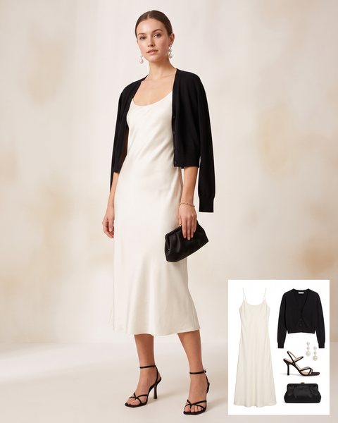 Fildişi saten slip elbise, siyah kısa hırka, siyah topuklu sandalet, siyah saten clutch, uzun inci küpe ve ince altın bileklik ile hazırlanmış kombin