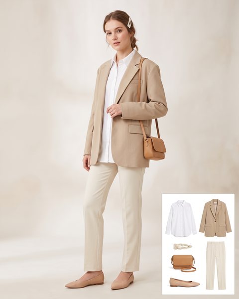 Beyaz gömlek, bej oversize blazer ceket, krem pantolon, nude babet, ten rengi çapraz çanta ve saça iliştirilmiş inci detaylı toka ile hazırlanmış kombin