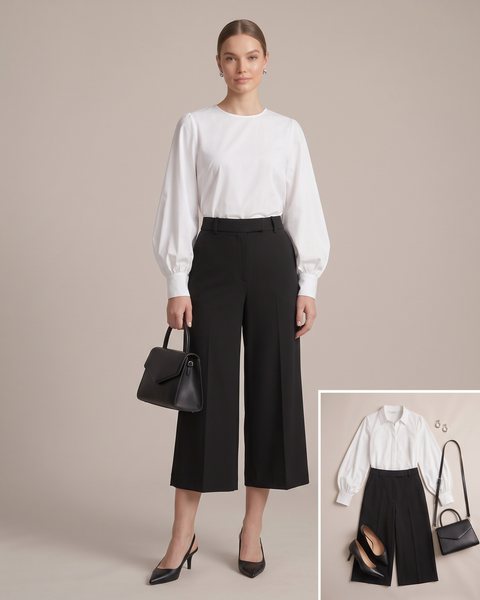 Siyah bol paça culotte pantolon, beyaz abartılı kollu bluz, siyah sivri burunlu topuklu ayakkabı, gümüş küpe ve siyah yapılandırılmış el çantası ile hazırlanmış iş görüşmesi kombini