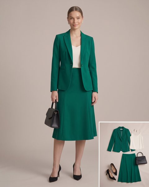 Zümrüt yeşili blazer ceket ve A biçimi midi etekten oluşan takım elbise, fildişi askılı bluz, siyah süet topuklu ve inci küpe ile hazırlanmış iş görüşmesi kombini