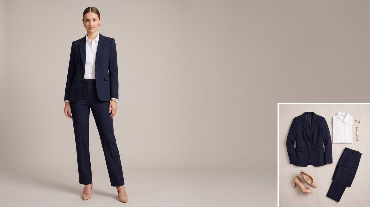 Lacivert tek düğmeli blazer ceket, beyaz gömlek, lacivert düz paça pantolon, nude topuklu ayakkabı ve altın bilezik saat ile hazırlanmış klasik iş görüşmesi kombini