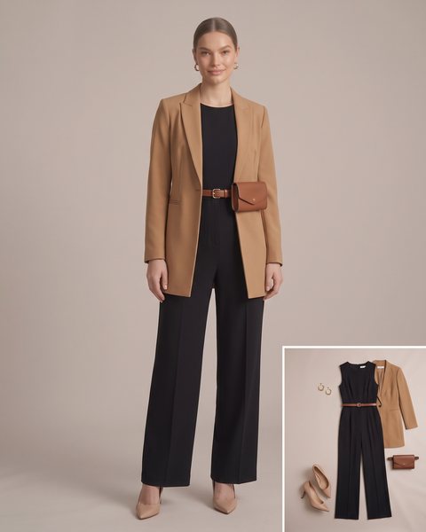 Kolsuz bol paça siyah tulum, üzerine açık giyilen deve tüyü uzun blazer ceket, nude sivri burunlu topuklu ayakkabı ve kahverengi deri bel çantası ile hazırlanmış iş görüşmesi kombini