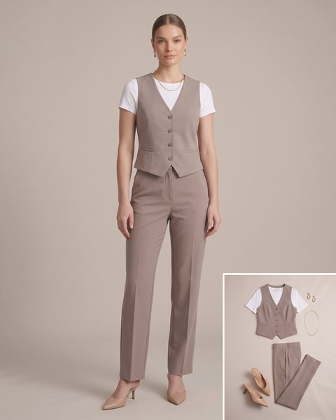 Devetüyü rengi yelek ve düz paça pantolondan oluşan takım, beyaz fitted tişört, altın zincir kolye ve nude topuklu mul ile hazırlanmış modern iş görüşmesi kombini