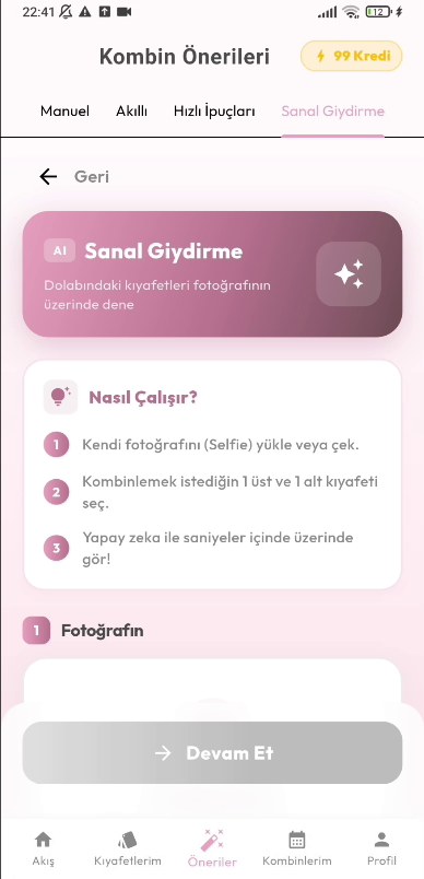 istlook Sanal Giydirme sekmesinin açılış ekranı: pembe bir banner ve Nasıl Çalışır? başlıklı üç adımlık kart