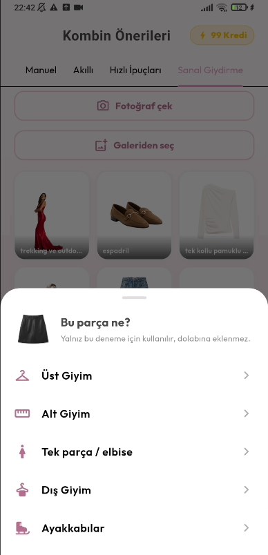 istlook Bu parça ne? ekranı: Üst Giyim, Alt Giyim, Tek parça / elbise, Dış Giyim ve Ayakkabılar seçenekleri