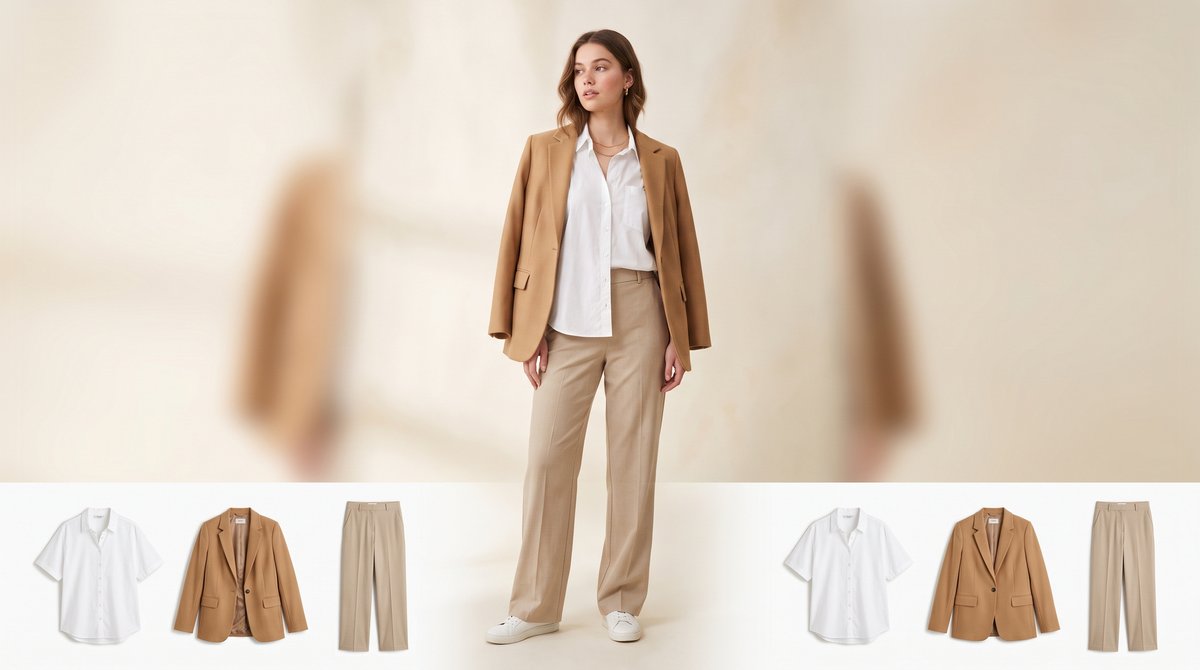 Beyaz kısa kollu pamuklu gömlek, kamel blazer ceket ve bej geniş paça pantolon ile hazırlanmış kısa kollu sonbahar kombini