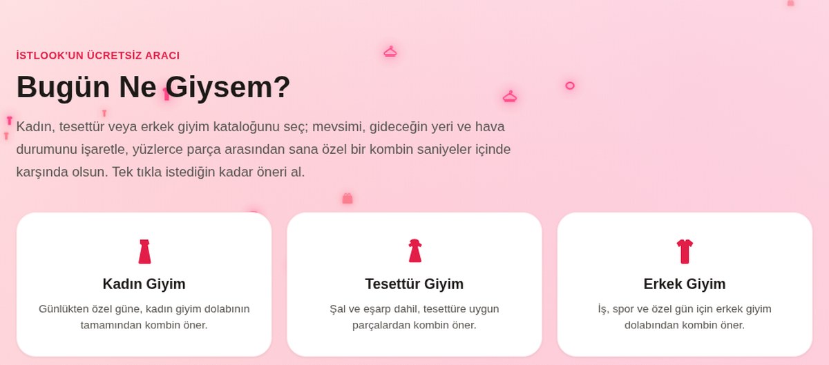 istlook Kombin Önerici aracının kategori seçim ekranı: Kadın Giyim, Tesettür Giyim ve Erkek Giyim kartları
