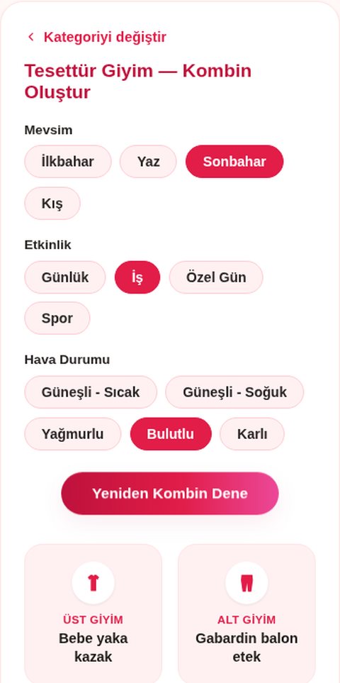 istlook Kombin Önerici aracının sonuç ekranı: tesettür giyim kataloğundan üst giyim, alt giyim, ayakkabı, dış giyim, aksesuar, şal-eşarp ve çanta önerisi